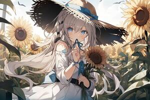 Cute blond anime girl in a big straw hat holding a sunflower in a sunflower field. . photo