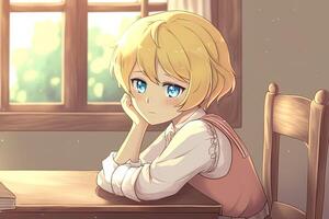 A cute pensive blonde anime girl sits by the window with her head propped up in her hand. . photo