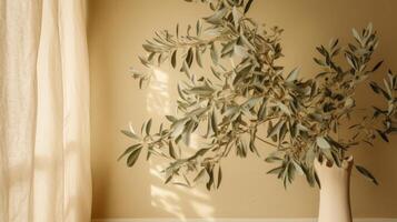 Olive branch leaves on beige background. Illustration photo