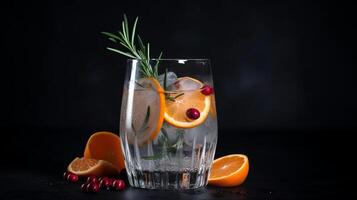 Cocktail of vodka and sprite with ripe fruits and rosemary Illustration photo