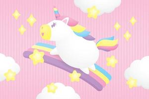 cute kawaii unicorn is running on colorful rainbow with cloud and stars graphic element on sweet pastel pink background illustration vector