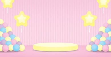 cute kawaii yellow podium display stand with colorful balls and flying star balloons on sweet pastel pink wall and floor background 3d illustration vector for putting object or product