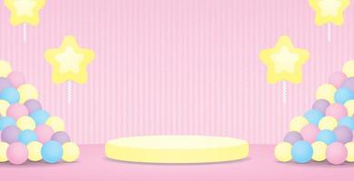 cute kawaii yellow podium display stand with colorful balls and flying star balloons on sweet pastel pink wall and floor background 3d illustration vector for putting object or product