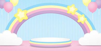 cute colorful podium display stage and pastel rainbow arch with kawaii stars and cloud and balloons on sweet blue wall background 3d illustration vector for putting object or product