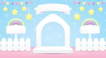 cute white house shape arch frame backdrop display stage scene with fence and rainbow signboard and hanging stars 3d illustration vector in kawaii style