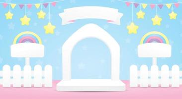 linda blanco casa forma arco marco fondo monitor etapa escena con cerca y arco iris letrero y colgando estrellas 3d ilustración vector en kawaii estilo