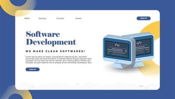 Software development service landing page ui for company with monitors. Software development webpage design. Coding company services. vector