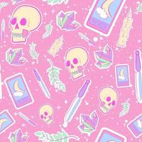 Pastel goth seamless pattern with skulls, amethysts, daggers and branches. Repeat background with kawaii colors and wiccan elements vector