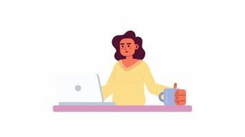 Animated lady with laptop. Female freelance programmer with cup. Flat character animation on white background with alpha channel transparency. Color cartoon style 4K video footage for web design