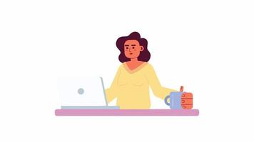 animiert Dame mit Laptop. weiblich freiberuflich Programmierer mit Tasse. eben Charakter Animation auf Weiß Hintergrund mit Alpha Kanal Transparenz. Farbe Karikatur Stil 4k Video Aufnahmen zum Netz Design