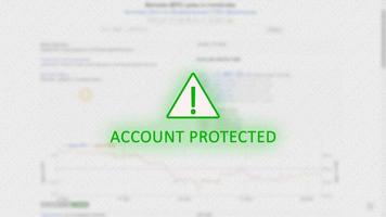 Account protected concept with an exclamation mark in a green triangle on a light background of blurry bitcoin graphics. Security of personal data. photo