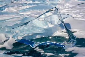 A large ice floe melted by the sun stands on the ice of Lake Baikal. Reflections and distortions in transparent ice. Snow is around. Green and blue color of ice. photo