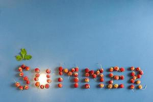 The inscription summer lined with strawberries on a ceramic tile with a dust texture. A leaf above the letter C. Light from a light bulb like the sun in the letter U. Flat view. Forest strawberry. photo