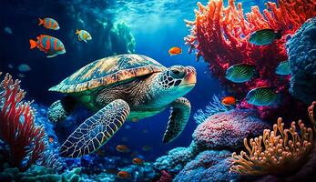 Colorful tropical fish and turtle life in the coral reef, animals of the underwater sea world, Generative AI photo
