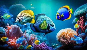 Colorful tropical fish life in the coral reef, animals of the underwater sea world, photo