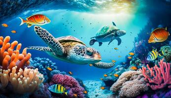 vistoso tropical pescado y Tortuga vida en el coral arrecife, animales de el submarino mar mundo, generativo ai foto