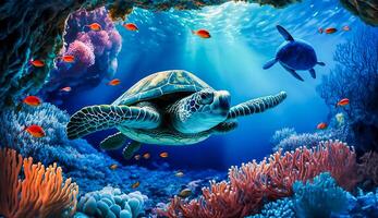 Colorful tropical fish and turtle life in the coral reef, animals of the underwater sea world, photo