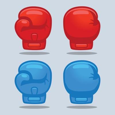 Cartoon red and blue boxing glove icon, front and back. Isolated vector flat design illustration.