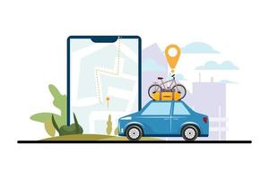 grande Teléfono móvil con un mapa y destino y ciudad en el antecedentes. coche siguiente a él. viaje concepto ilustración. vector