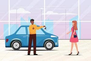 Black salesman giving a key from the car to a woman. Car purchase indoor scene with people. vector