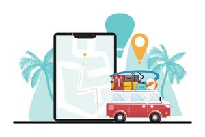 Big cellphone with a map and destination and nature on the background. Minivan next to it. Travel concept illustration. vector