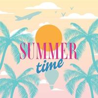 verano póster con palmas, sol, aves, avión y hermosa puesta de sol en el antecedentes. vector