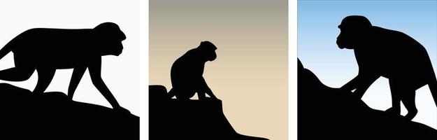 Monkey on a cliff mountain silhouette in different positions vector illustration