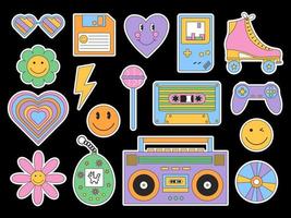 Vector set of cute 80s, 90s nostalgic stickers on white background. Hippie retro vintage icons in 70s-80s style. Collection of trendy old school graphics.