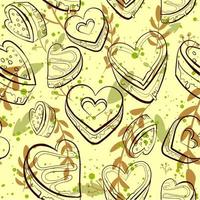 Seamless pattern with line art heart shaped cakes. Coffee to go conceptual wall art with chocolate chips cookies and decorative leaves vector