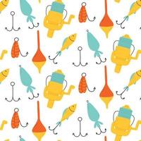 Seamless pattern with tackle and lures for fishing. Vector illustration. Flat style. Fishing print. Pattern with hooks, floats and lures.