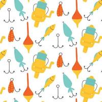 Seamless pattern with tackle and lures for fishing. Vector illustration. Flat style. Fishing print. Pattern with hooks, floats and lures.