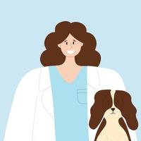 Happy veterinarian with a happy dog. Animal care vector illustration. Flat style. girl vet doctor. World Veterinary Day.