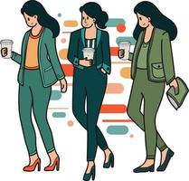 female entrepreneurs resting and drinking coffee illustration in doodle style vector