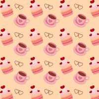 Seamless pattern with cupcakes, coffee cups, and hearts on beige background. Vector illustration