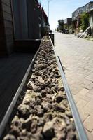 Pebbles in a flower pot on the street, outdoor cafe garden, urban street view. photo