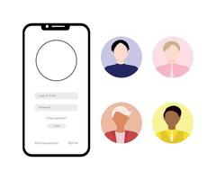 Set of male profile avatars. Login authentication concept on smartphone screen vector