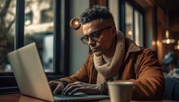 A business person working on a laptop at a coffee shop, promoting the idea of remote work. photo