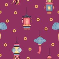 Chinese paper lanterns and golden coins seamless vector pattern.