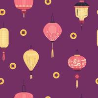 Chinese paper lanterns and golden coins seamless vector pattern.