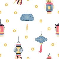 Chinese paper lanterns and golden coins seamless vector pattern.