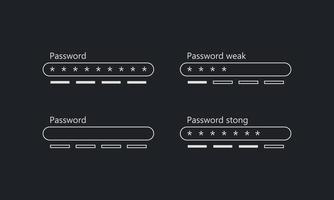 Password weak and strong interface.   Security bar. Safety requirement. Form template for website. Vector illustration on black background