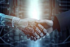 Ai and human hand shake. Machine handshake. Generate Ai photo