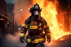 Firefighter walking at street on fire. Generate Ai photo