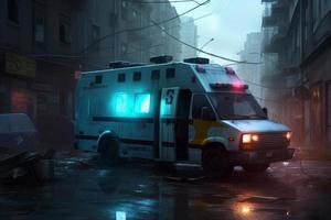 Ambulance destroyed cyberpank. Generate AI photo