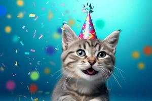 Cute smiling kitty in birthday hat. Generate Ai photo