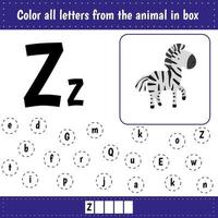 Learning English alphabet. Letters recognition. Color all letters Zz. Educational worksheet for school and kindergarten. Z is for zebra. vector