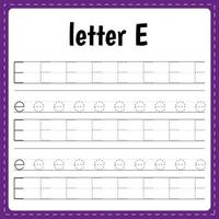 Writing letters. Tracing page. Practice sheet. Worksheet for kids. Learn alphabet. Letter E vector