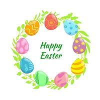 Happy Easter, wreath made of leaves and twigs and colorful eggs with greeting in the center vector