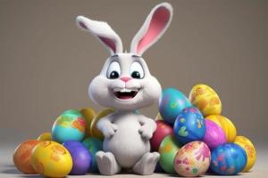 Easter rabbit with colorful eggs. April holiday. Generate Ai photo