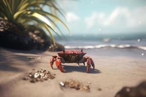 Crab on tropical hot sand. Generate Ai photo